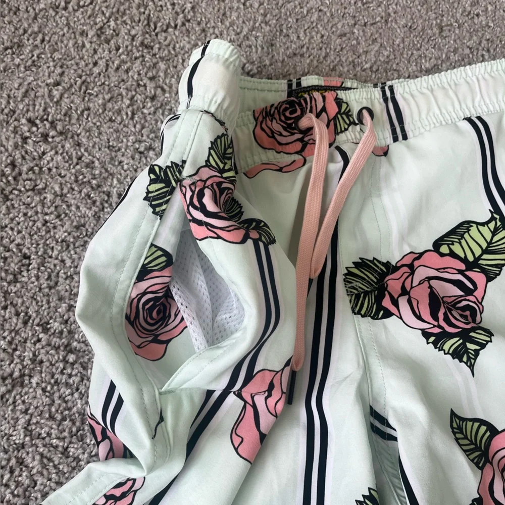 Men’s Surf Society Swim Trunks Shorts Mint‎ Pink Roses Stripes Size S